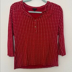 Talbots Red and Cream Star Pattern Blouse with Brushed Gold Finish Buttons - S